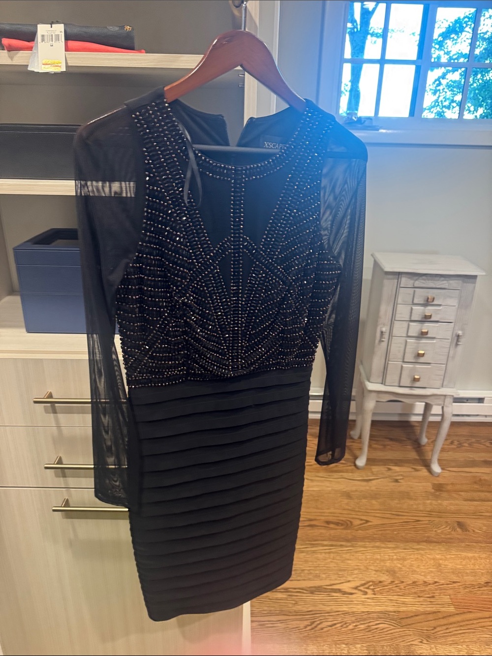 Xscape Black Beaded Long-Sleeve Bodycon Dress